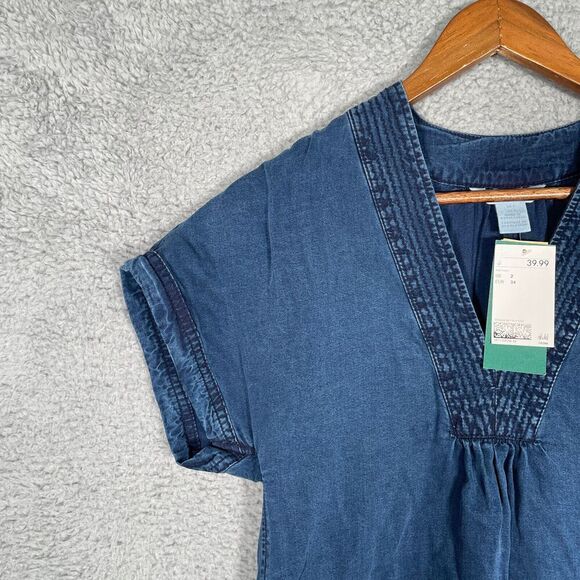 H&M Dress Women's 2 Blue Denim Chambray Tunic Stretch V-Neck Lyocell - Picture 2 of 10